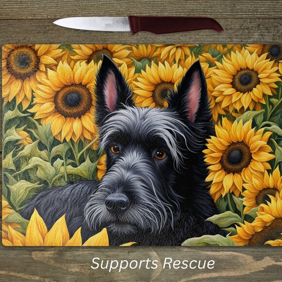 Sunflowers & Scottish Terrier Dog Kitchen Textured Tempered Glass Cutting Board - Picture 1 of 3